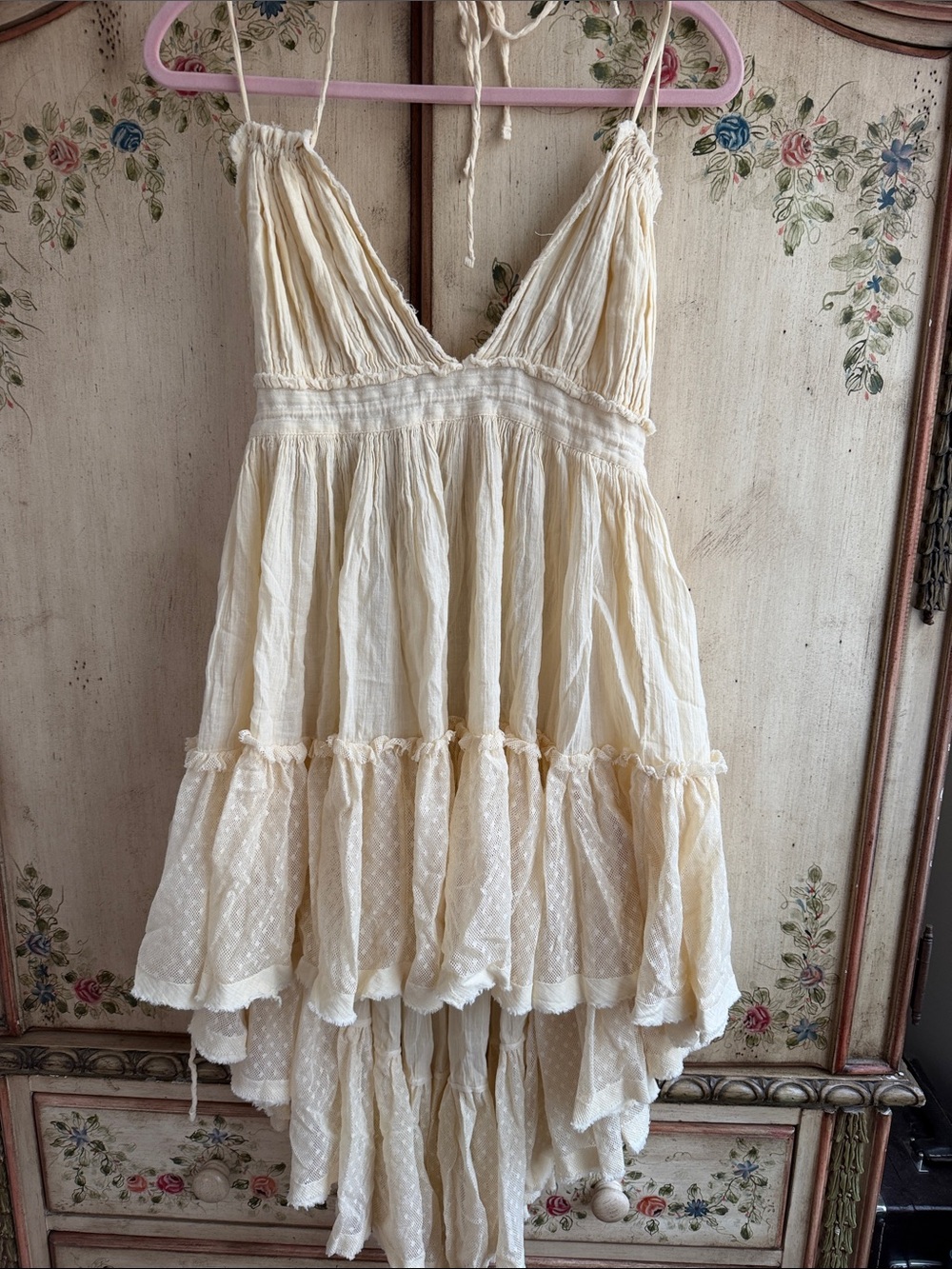 Free People Cream Tiered Lace-Trim Dress